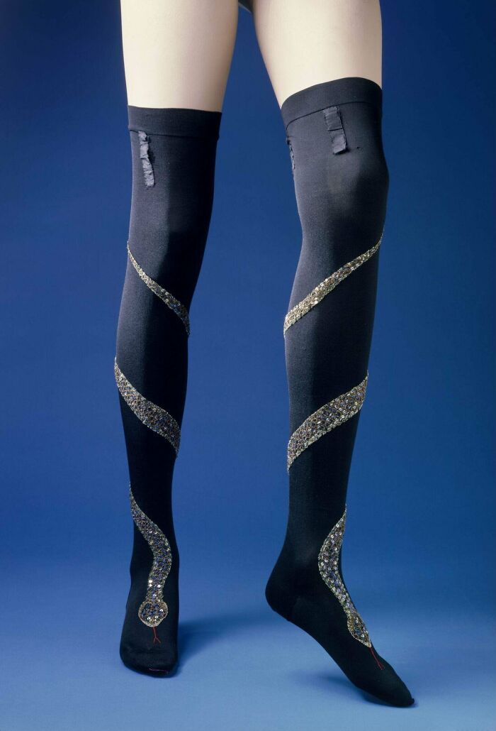 Two Pairs Of Silk Knitted Stockings Embroidered With Sequins Forming Snake Designs, C. 1900