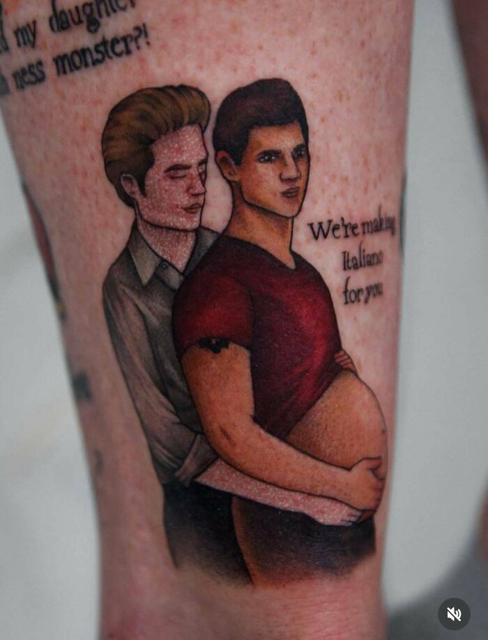 Tattoo fail showing two men with humorous pregnancy tattoo and quoted text