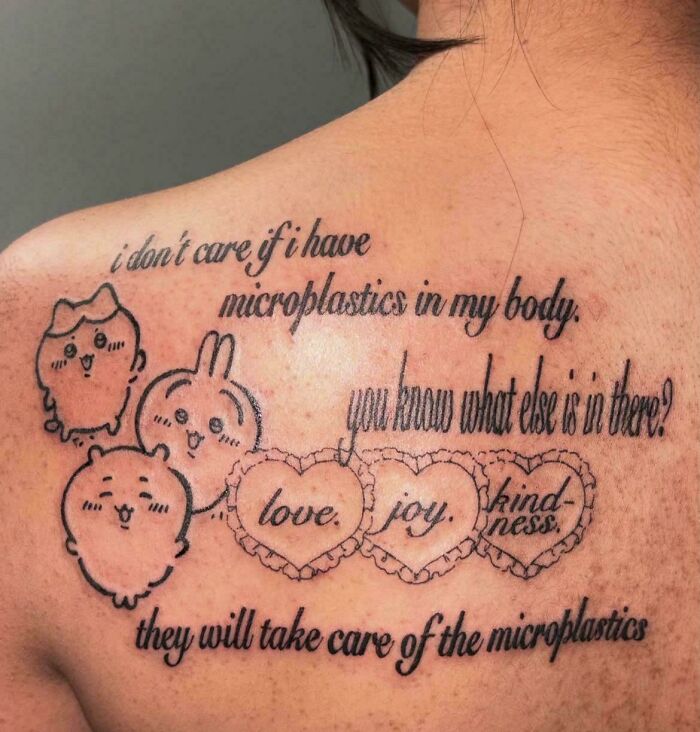 Funny tattoo fail shows microplastics and cute characters with heartfelt message