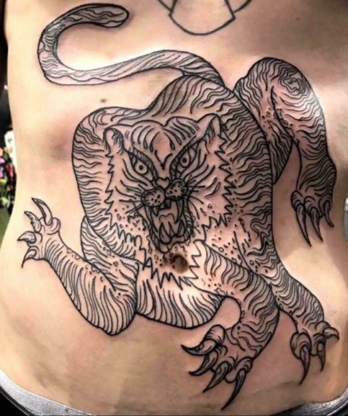 Tattoo fail of fierce tiger with distorted anatomy on torso