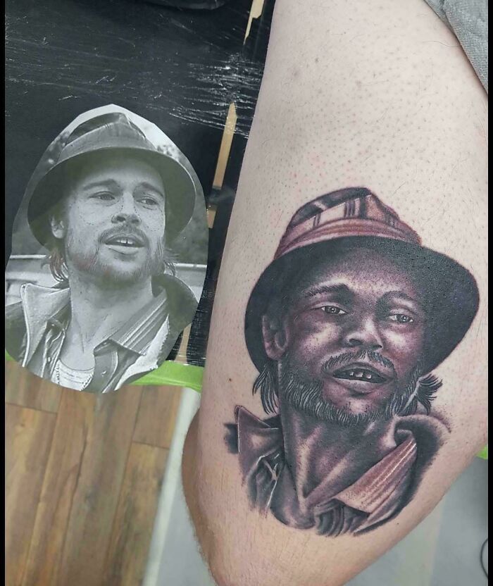 Portrait tattoo fail poorly replicating photo of man with hat