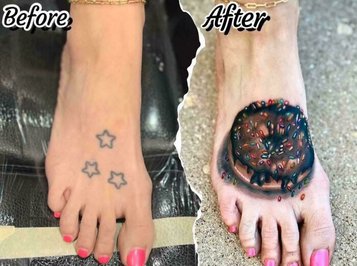 Tattoo cover-up fail replacing stars with a messy donut
