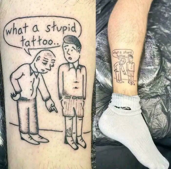 Tattoo fail showing cartoon characters with stupid tattoo text