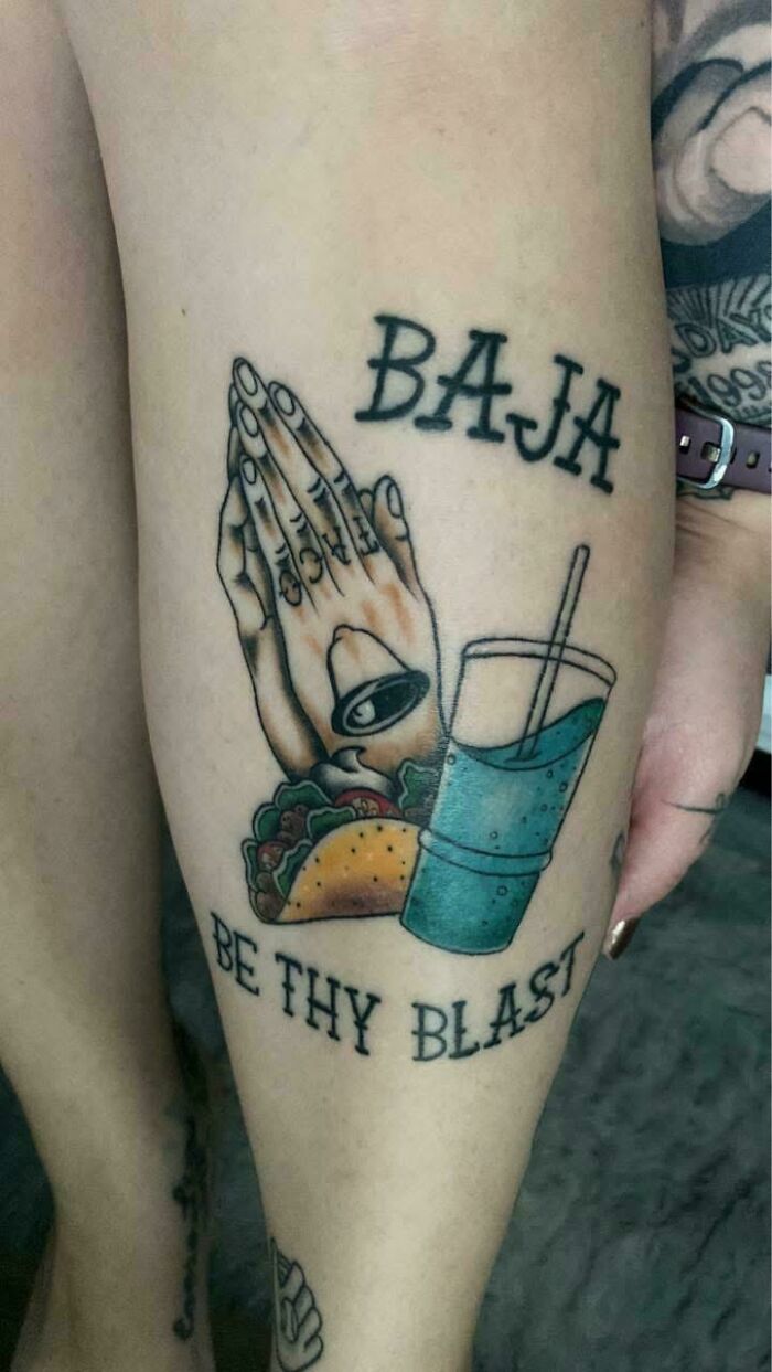 Tattoo fail with praying hands and food drink design