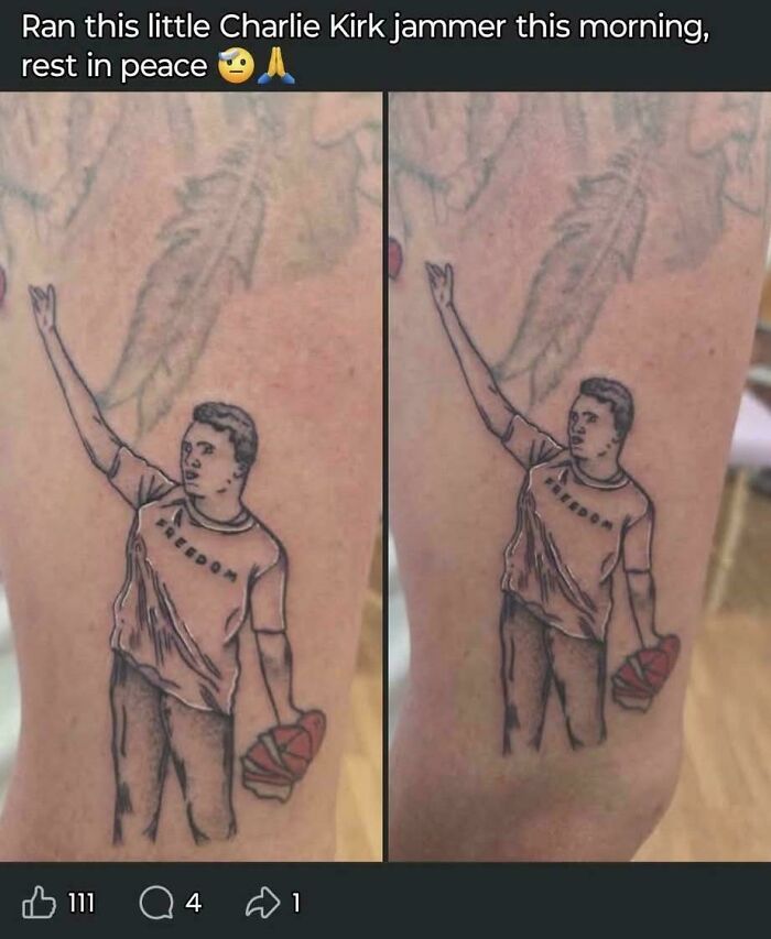 Tattoo fail of a poorly drawn person with text error on arm skin