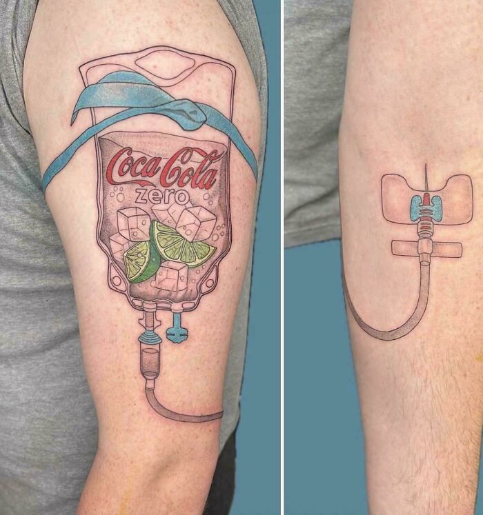 Coca Cola zero IV bag tattoo on arm with lime and ice details