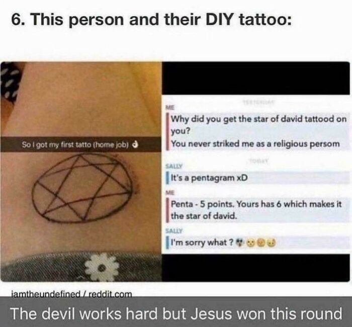 DIY tattoo fail mixing pentagram and star of david mistake