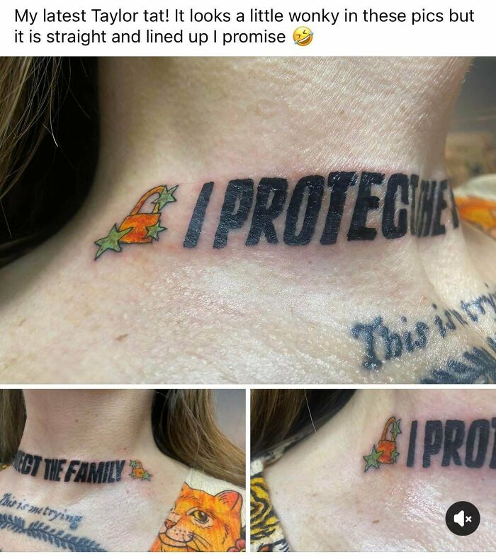 Unclear neck tattoo fail with misspelled protective text and stars