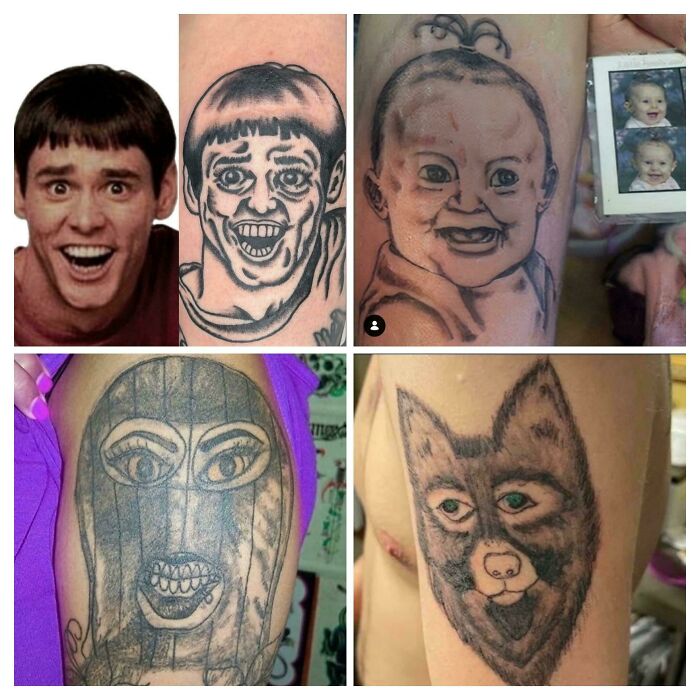 Collection of tattoo fails showing distorted faces and animals on arms