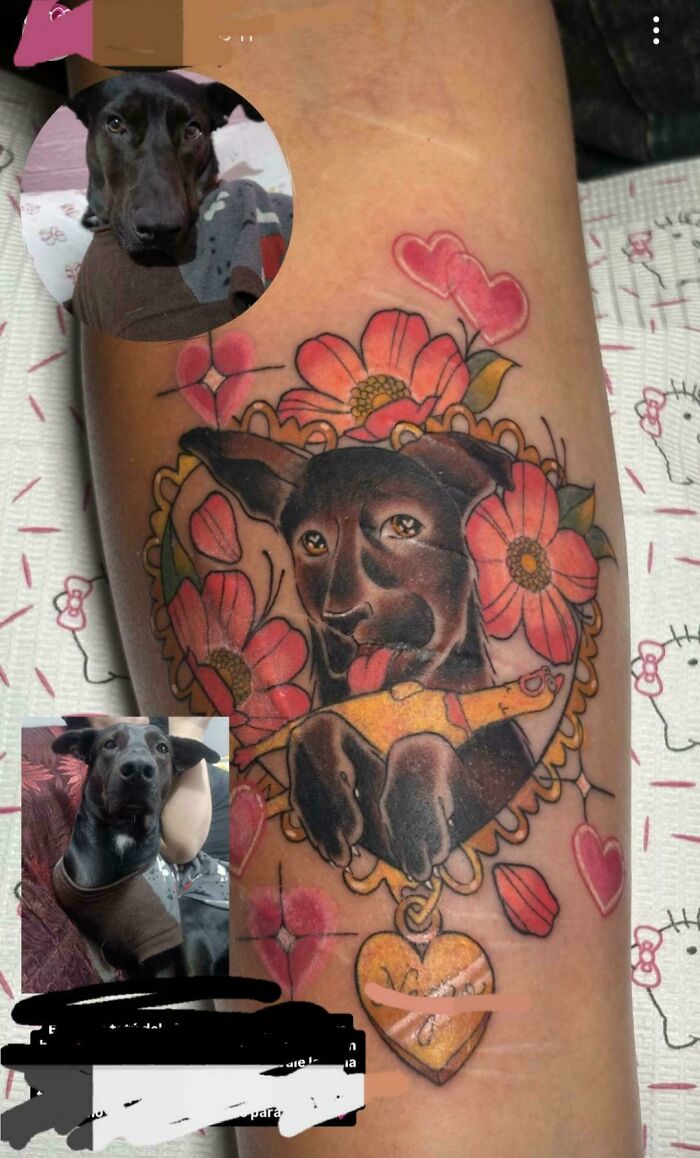 Tattoo fail of a dog portrait surrounded by flowers with poor likeness