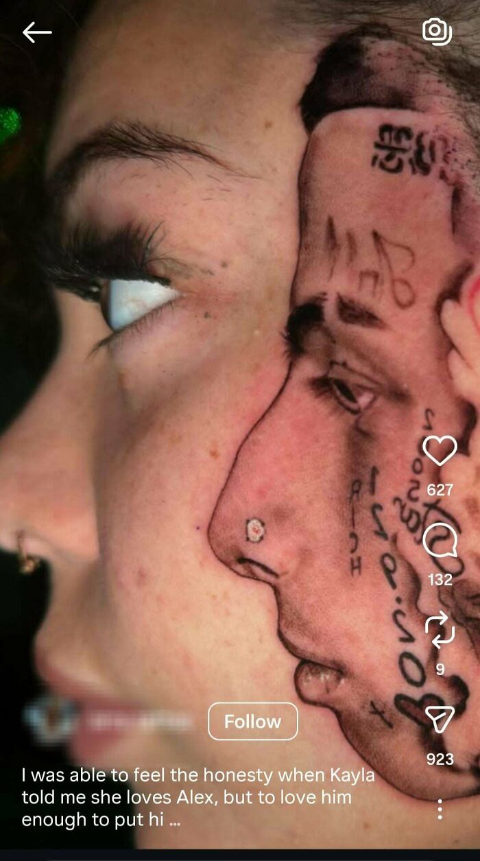 Tattoo fail with distorted face tattoo matching side profile of person