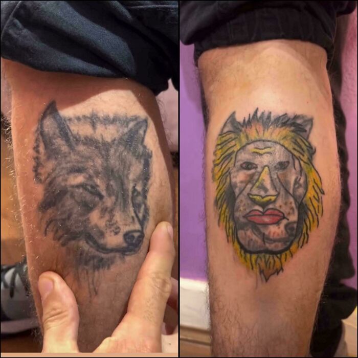 Tattoo fails showing poorly drawn wolf and lion tattoos on legs