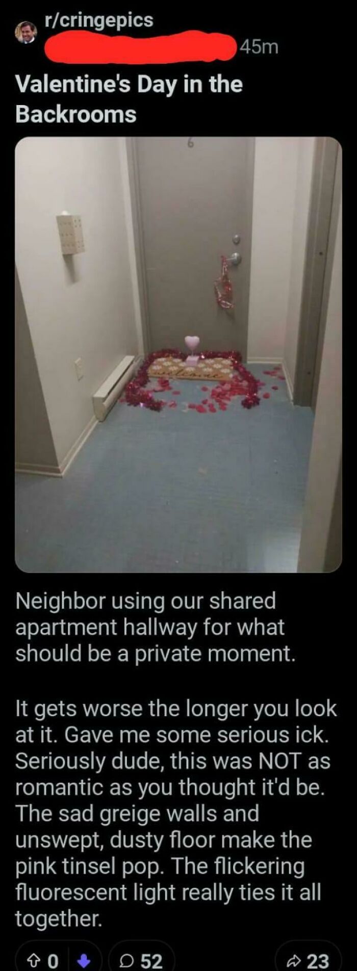Valentine's Day decorations in a shared apartment hallway, a cringey people moment.
