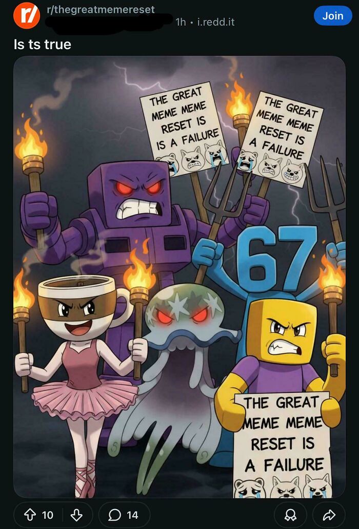 Cartoon characters holding signs that say The Great Meme Reset is a Failure, showcasing cringey people examples.