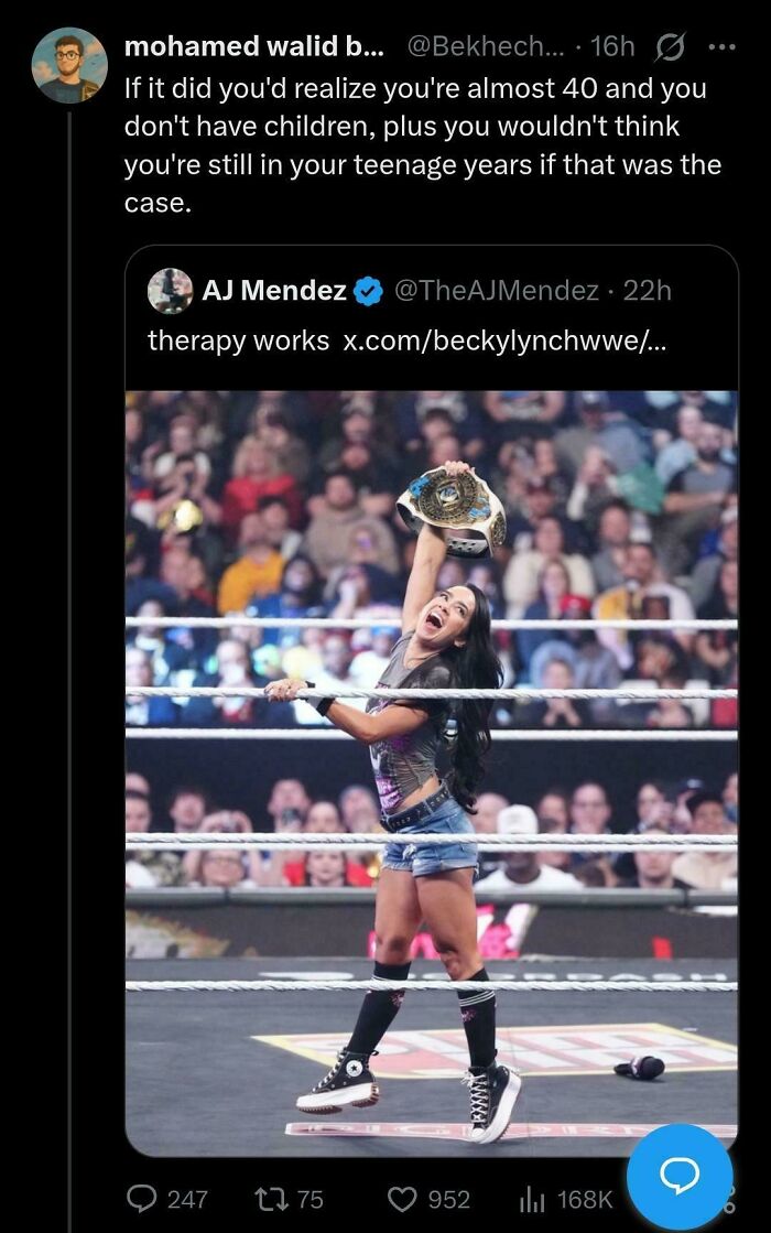 A cringey tweet about someone being almost 40, overlaid with a picture of a female wrestler holding a championship belt.