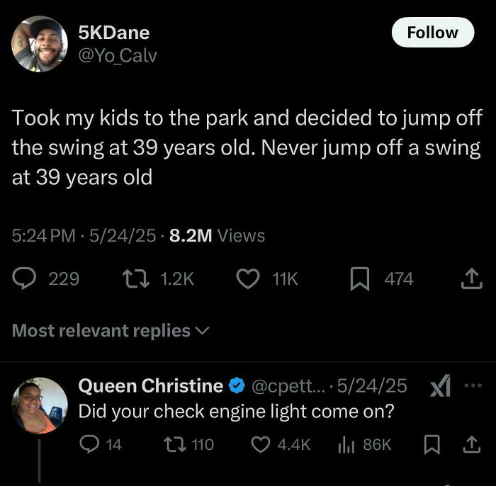 A Black Twitter tweet by 5KDane about jumping off a swing at 39, with 8.2M views, and a reply from Queen Christine.