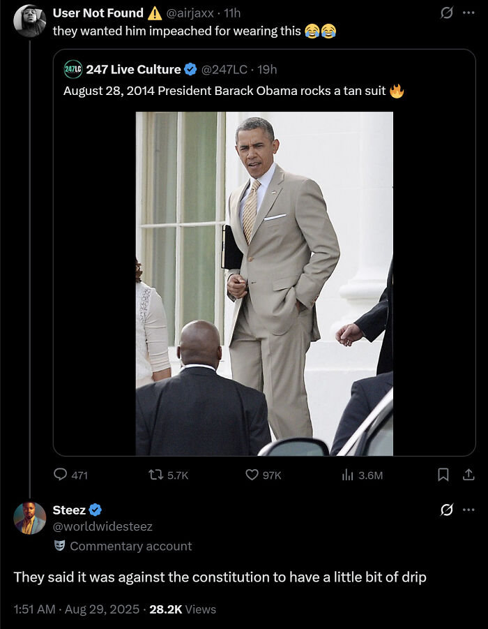 A tweet showing a photo of President Barack Obama in a tan suit, sparking discussion on Black Twitter.