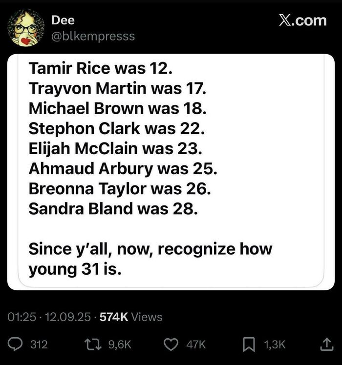 A tweet from @blkempresss listing ages of Black victims and stating, "Since y'all, now, recognize how young 31 is." Important Black Twitter tweets.