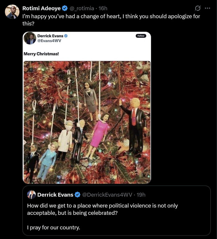 Black Twitter user's post featuring a Christmas tree adorned with political figure ornaments, sparking discussion and important tweets.