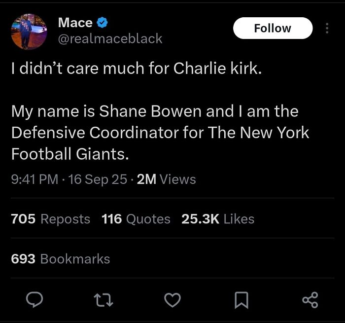 A Black Twitter tweet from Mace about Charlie Kirk and Shane Bowen, NY Giants Defensive Coordinator, for important tweets.