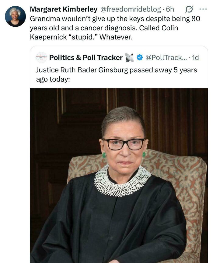 Justice Ruth Bader Ginsburg in her judicial robe, glasses, and white collar. Important Black Twitter tweets.