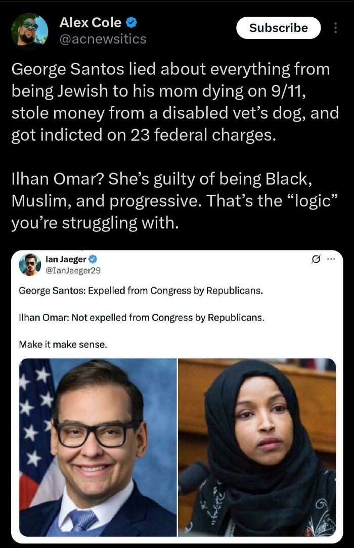 Tweet by Alex Cole and Ian Jaeger contrasting George Santos and Ilhan Omar, highlighting differences in how Black Twitter perceives justice.