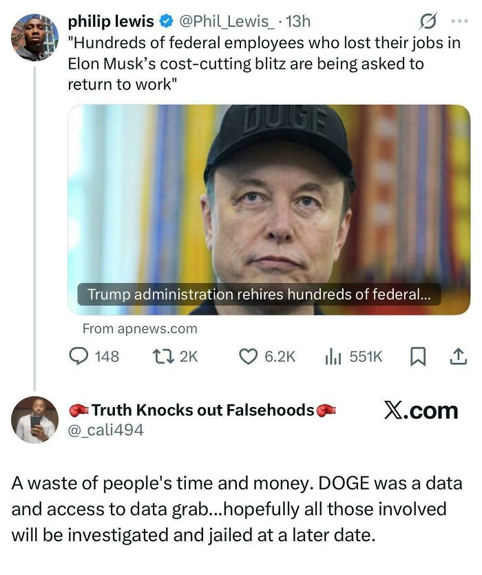 Black Twitter user sharing a tweet about Elon Musk in a news article snippet. Important Tweets.