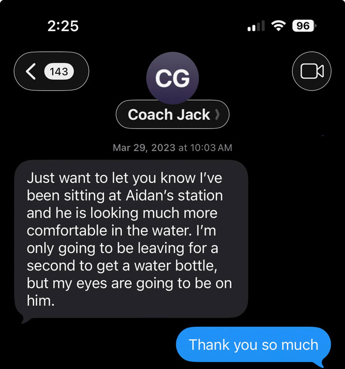Text message conversation showing Coach Jack updating about a water polo player becoming more comfortable in the water after underwater incident claims. Text message conversation showing Coach Jack updating about a water polo player becoming more comfortable in the water after underwater incident claims.