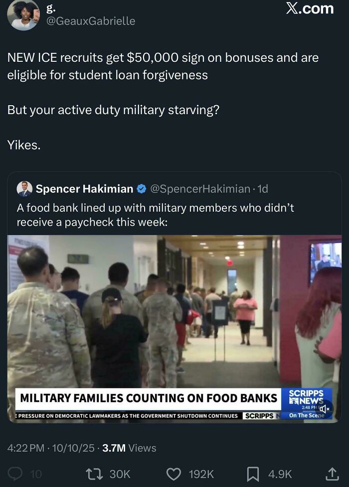 A tweet about ICE recruits getting bonuses while military members line up for a food bank. Important Tweets From Black Twitter.