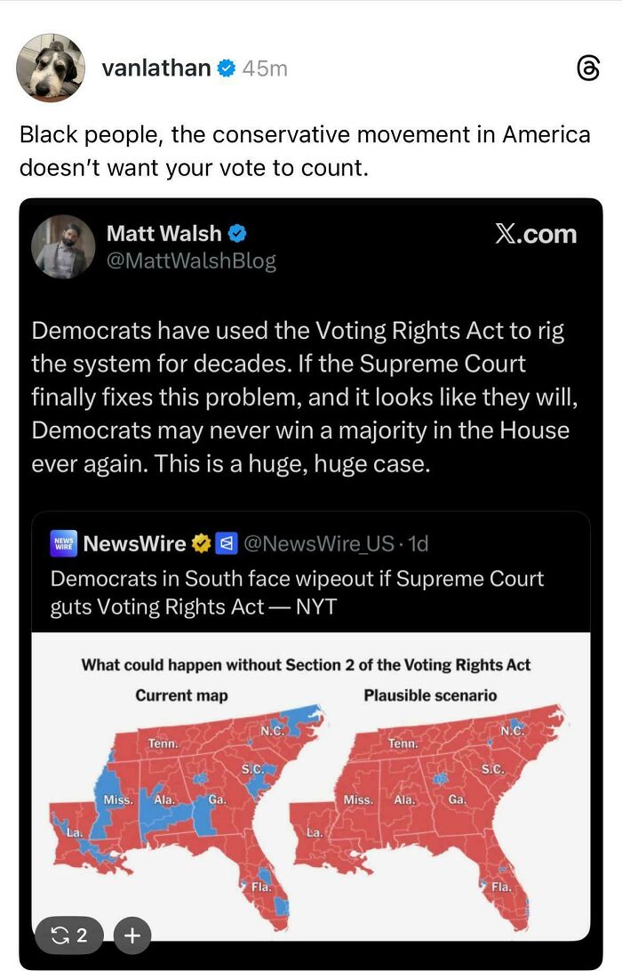 A tweet discussing the Voting Rights Act and its impact on Black Twitter, featuring maps showing potential changes to election outcomes.