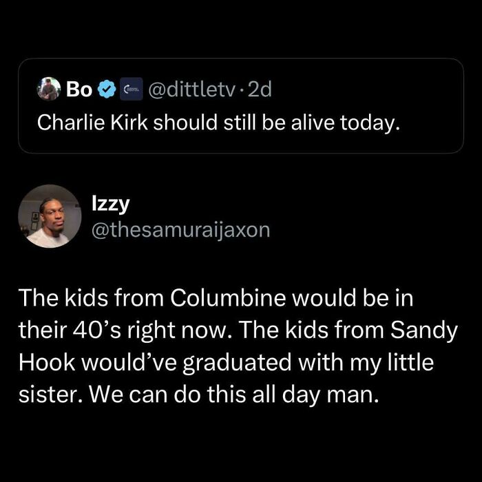 A tweet from @dittletv about Charlie Kirk, followed by a response from @thesamuraijaxon, reflecting important tweets from Black Twitter.