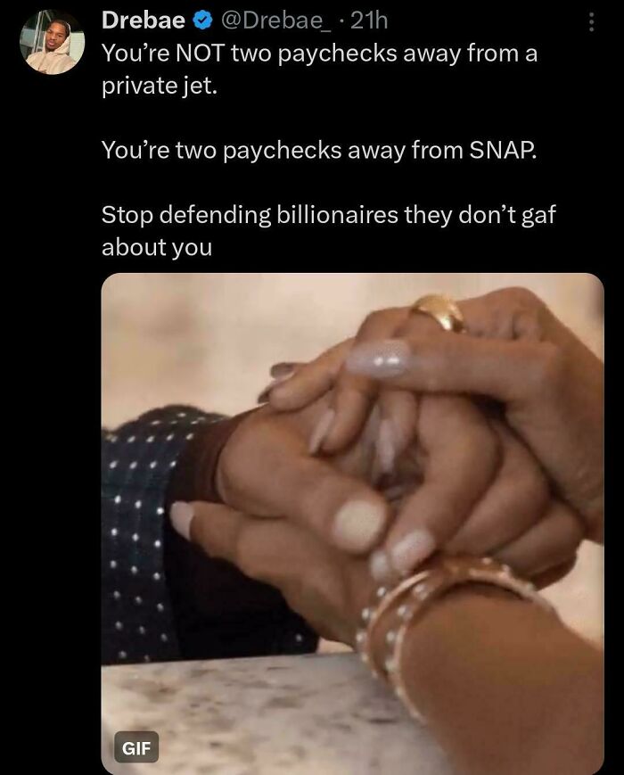 A screenshot of an important tweet from Black Twitter about wealth disparity, showing hands clasped and a gold ring.