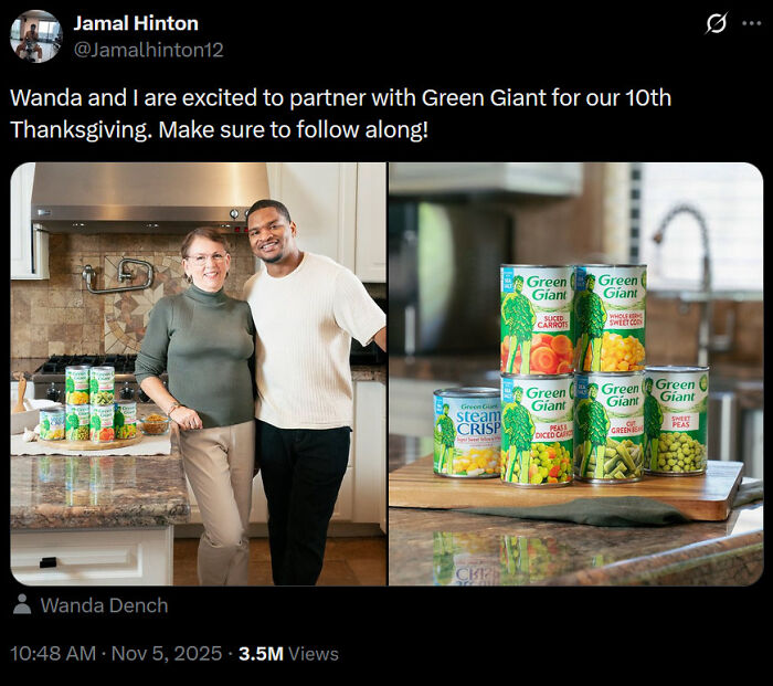 Wanda Dench and Jamal Hinton, known from Black Twitter, celebrating their 10th Thanksgiving partnership with Green Giant.