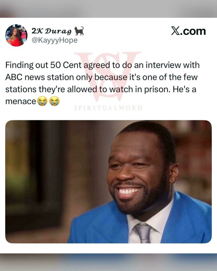 A tweet from @KayyyHope about 50 Cent agreeing to an ABC news interview and a smiling image of 50 Cent. Black Twitter.