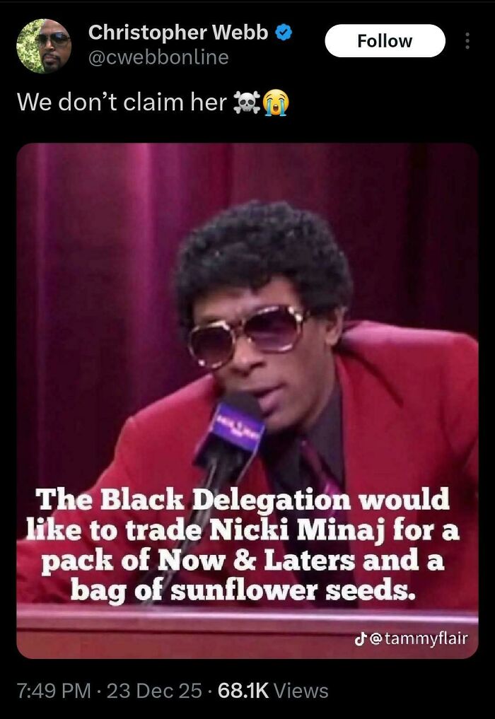 Man in red suit and sunglasses at a mic, with a tweet about Black Twitter exchanging Nicki Minaj.