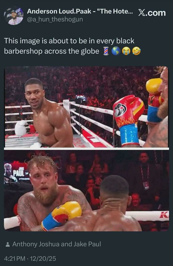 A viral Black Twitter tweet showing Anthony Joshua victorious and Jake Paul looking defeated in a boxing ring.