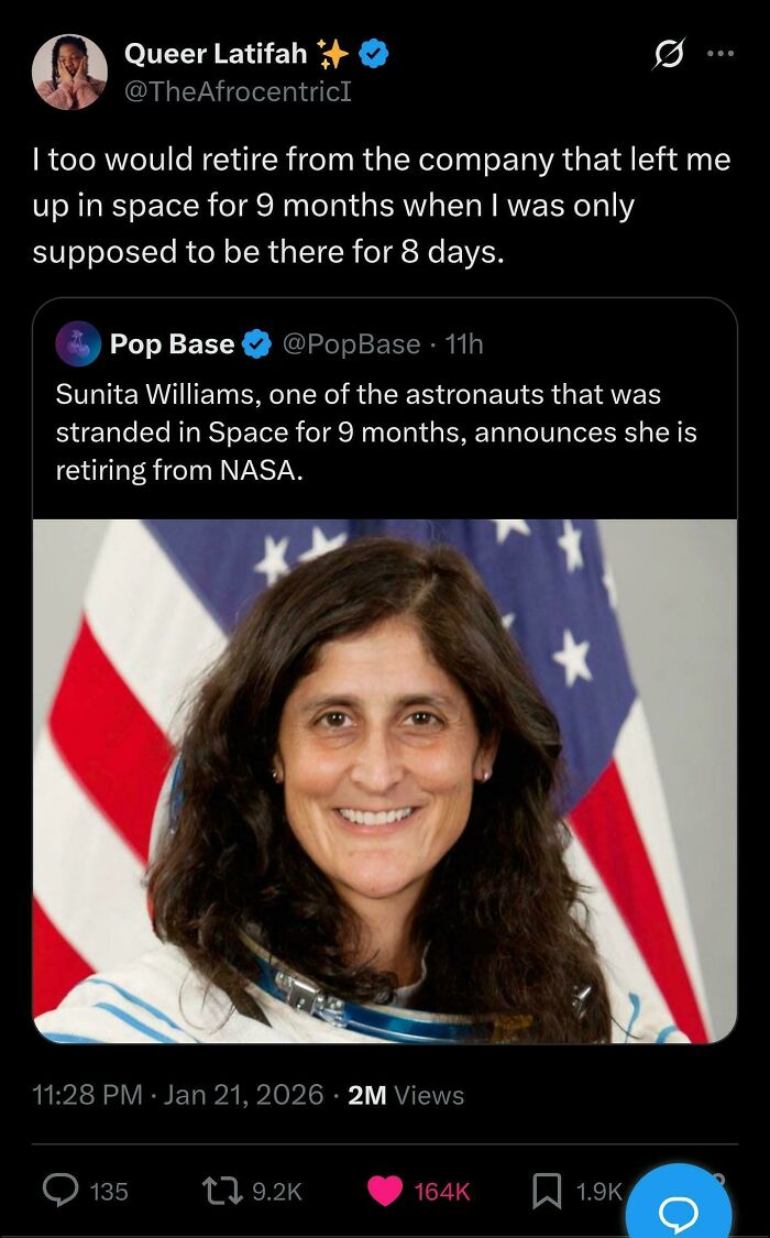 An image of a Black Twitter post about astronaut Sunita Williams retiring from NASA, eliciting a relatable comment.