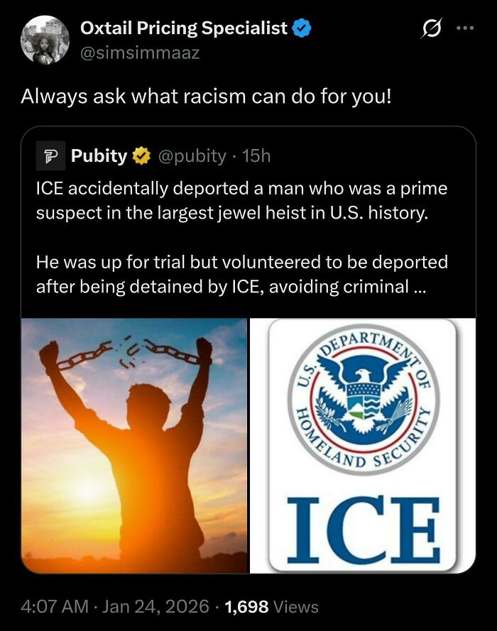 Tweet about ICE deporting a suspect, with a silhouette breaking chains and the ICE logo. Important Tweets from Black Twitter.