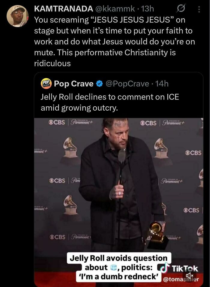 A screenshot of a tweet from Black Twitter discussing hypocrisy, featuring a news headline about Jelly Roll avoiding political questions.