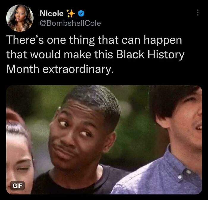 A Black man looking skeptically to the side, reacting to a tweet from Black Twitter about Black History Month. Important tweets.