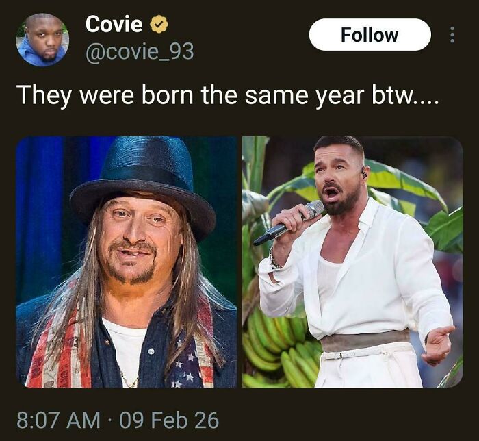 Tweet showing Kid Rock and Ricky Martin, both born the same year, highlighting important tweets from Black Twitter.