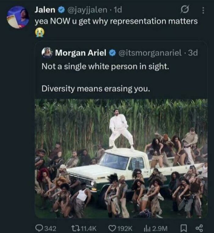 A tweet showing a diverse group around a truck in a field, sparking discussion about representation. Important Black Twitter tweets.