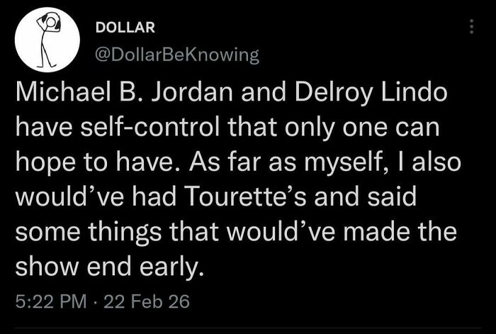 A tweet from @DollarBeKnowing about Michael B. Jordan and Delroy Lindo's self-control, offering insights from Black Twitter.