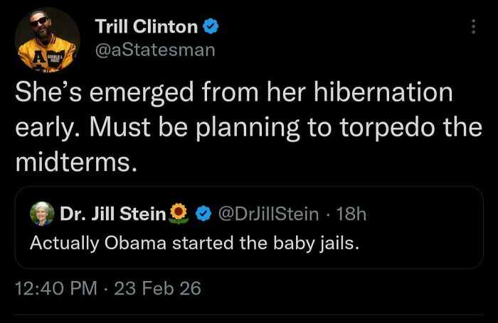 A Black Twitter screenshot showing a tweet from Trill Clinton about Dr. Jill Stein and "baby jails." Important Tweets.