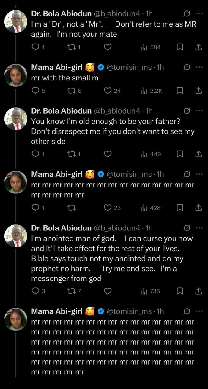 A series of sarcastic tweets from Black Twitter users, featuring Dr. Bola Abiodun and Mama Abi-girl, highlighting important tweets.