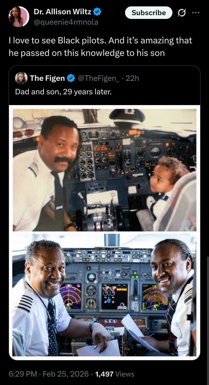 Inspiring Black Twitter post: A father and son, both pilots, pictured 29 years apart in a cockpit, sharing a legacy.