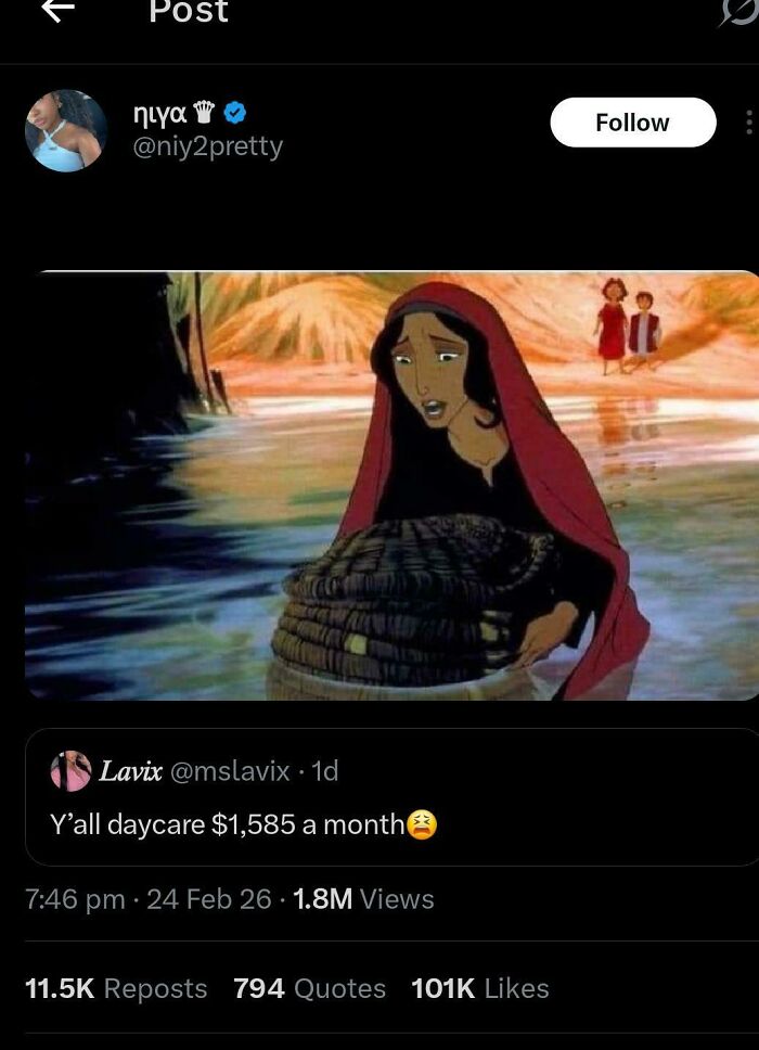 A Black Twitter post showing an animated woman placing a baby in a basket on water, highlighting important tweets about childcare costs.