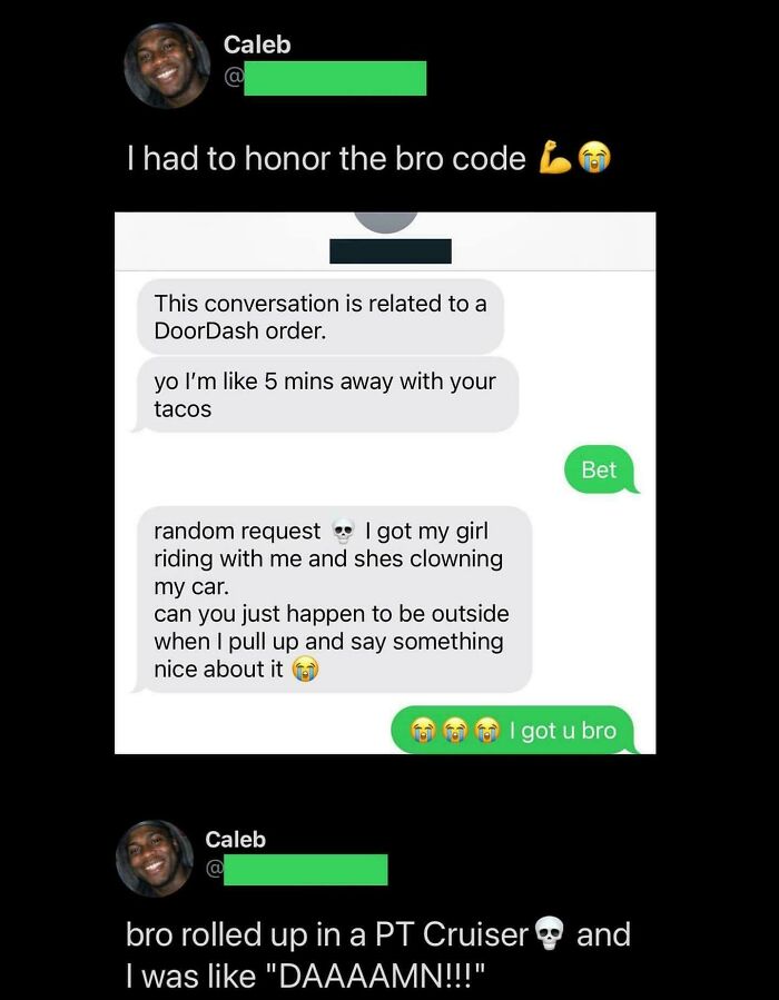 A funny text exchange about honoring the bro code, featuring a DoorDash delivery. Important Tweets from Black Twitter.