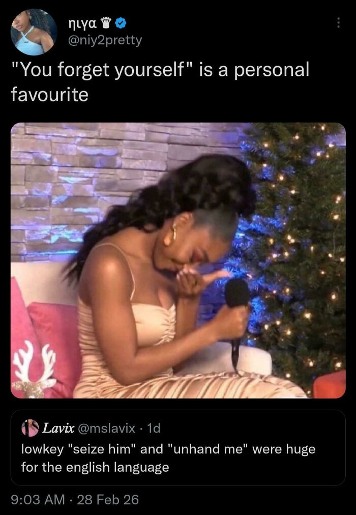 A tweet by @niy2pretty sharing a funny Black Twitter moment, featuring a woman laughing while holding a microphone.