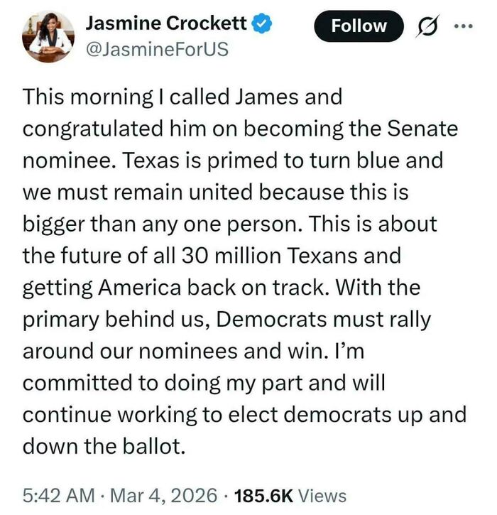 A Black Twitter tweet from Jasmine Crockett about Texas politics, supporting Democrats. Important tweets.